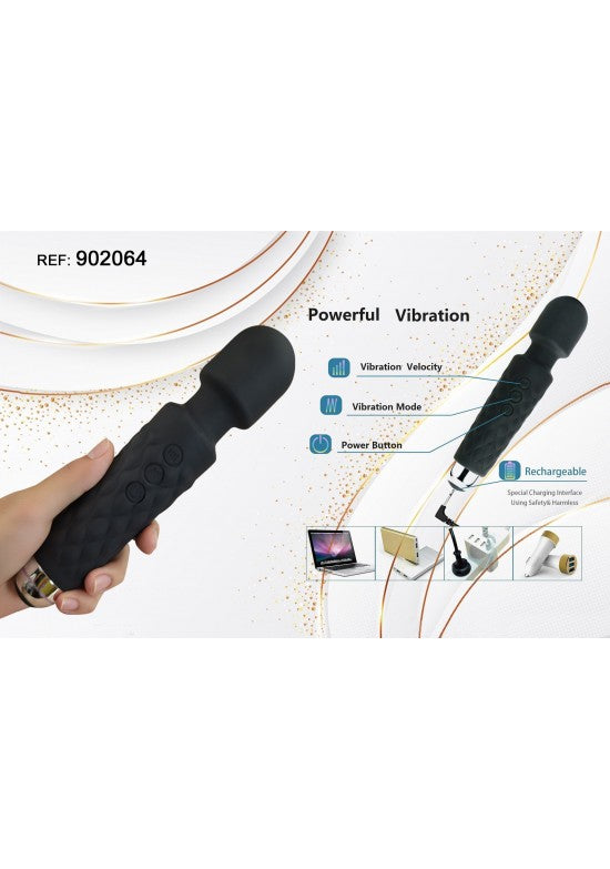Masajeador wand de silicona negra con cabezal flexible y botones de control integrados