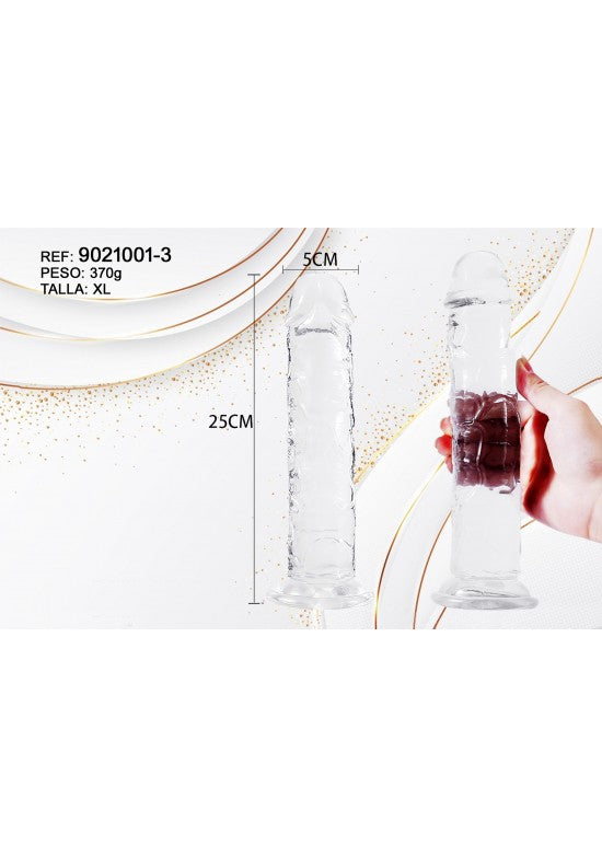 Dildo transparente con ventosa de 25 cm talla XL sobre fondo blanco