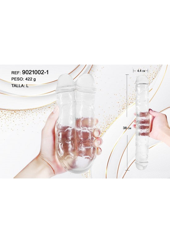 Dildo doble extremo transparente flexible de 38 cm con textura pronunciada