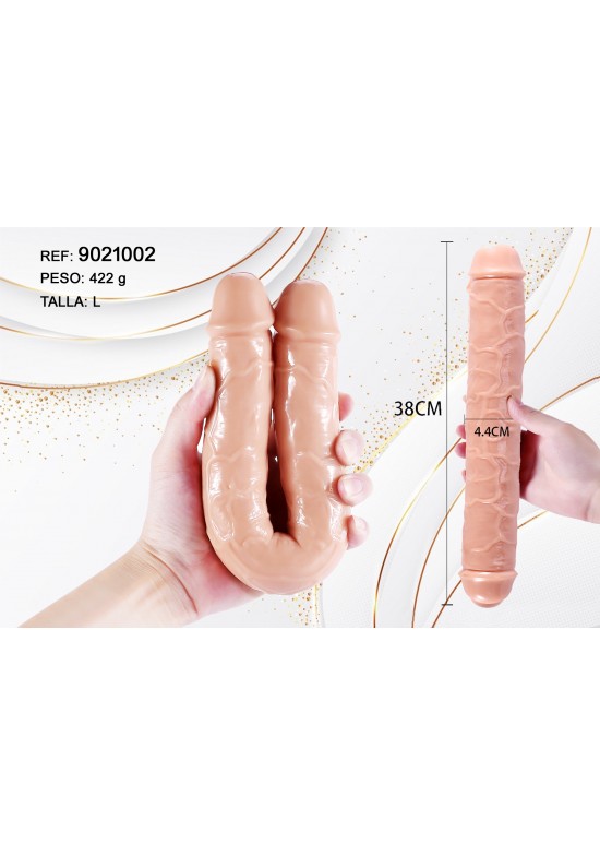 Dildo doble extremo realista tono piel de 38 cm con textura detallada