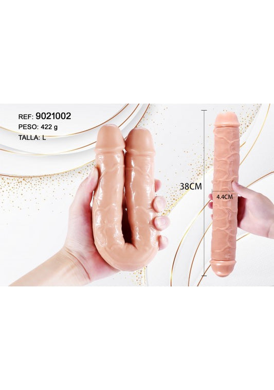Dildo doble extremo realista tono piel de 38 cm con textura detallada