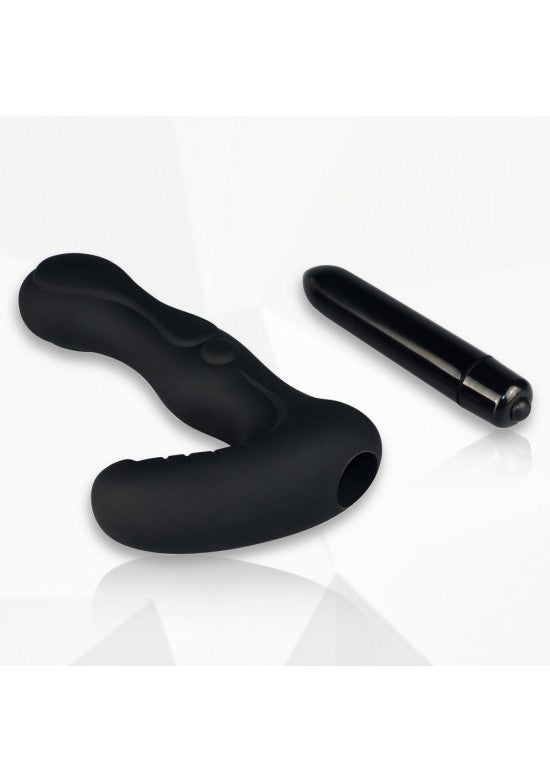 Estimulador prostático curvo en silicona negra con bala vibradora negra