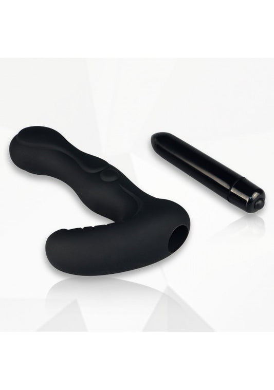 Estimulador prostático curvo en silicona negra con bala vibradora negra