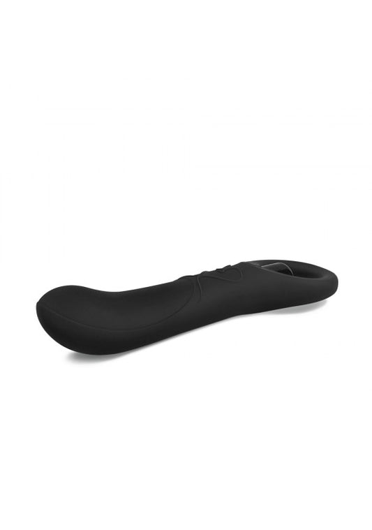 Masajeador íntimo curvo de silicona negra con mango y anilla ergonómica