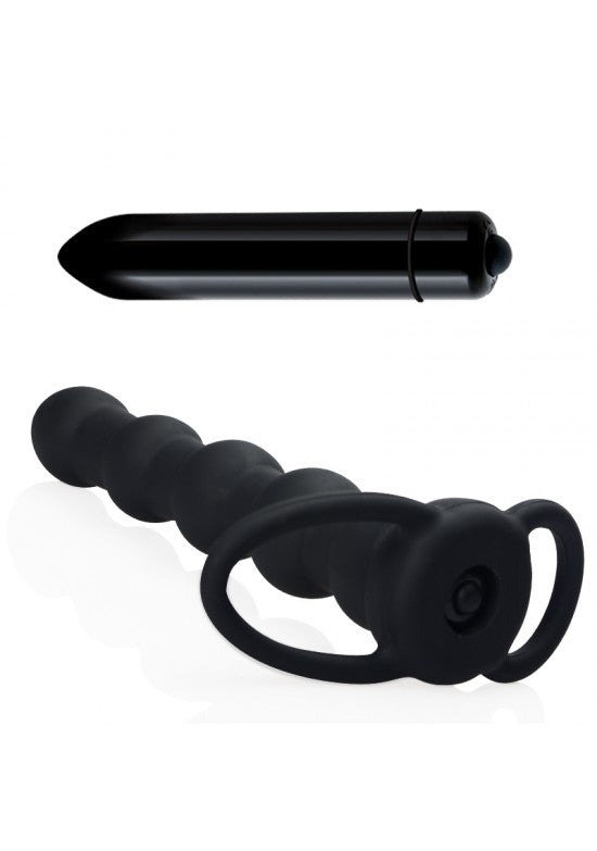 Kit estimulador anal articulado en silicona negra con vibrador bala negro