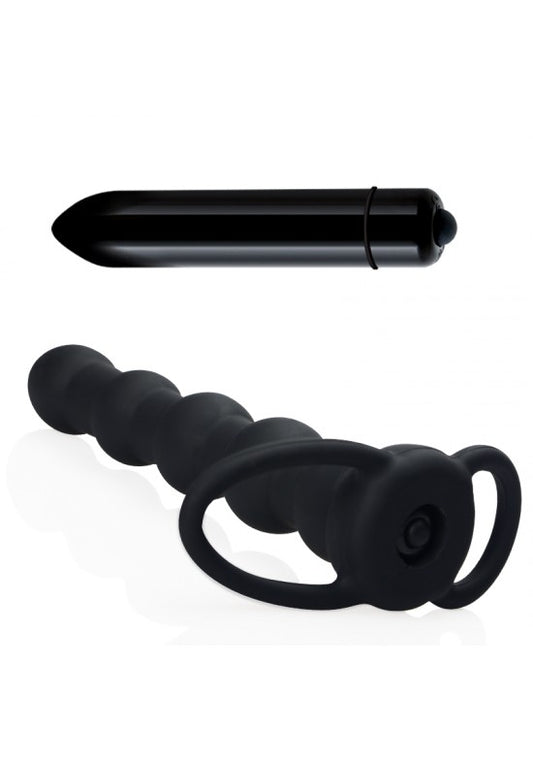 Kit estimulador anal articulado en silicona negra con vibrador bala negro