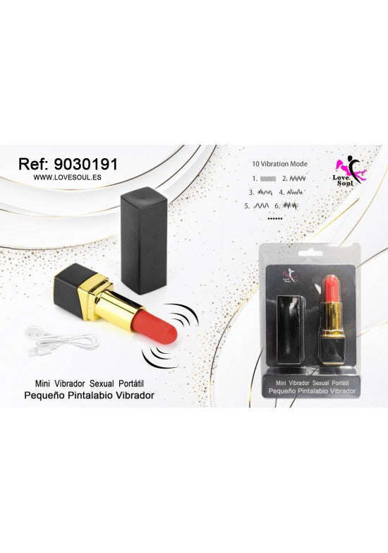 Mini vibrador con forma de pintalabios negro y dorado junto a su blíster de presentación