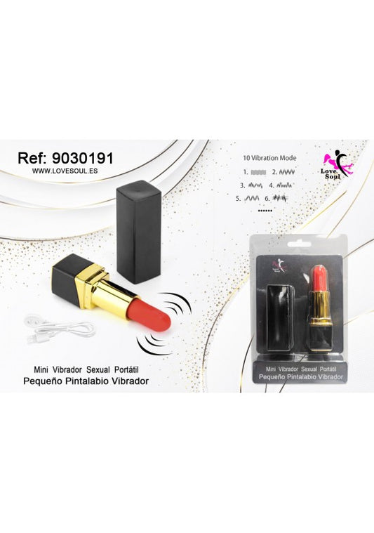 Mini vibrador con forma de pintalabios negro y dorado junto a su blíster de presentación
