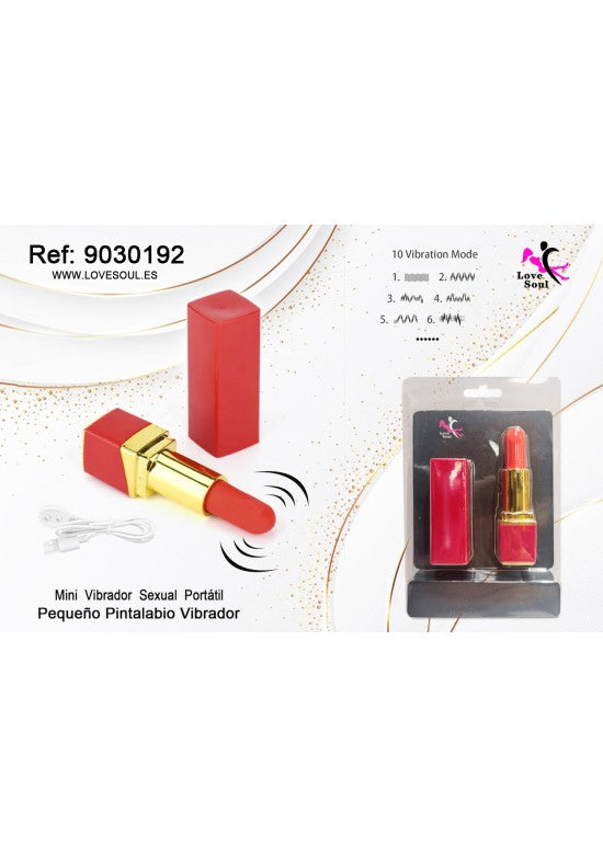 Mini vibrador con forma de pintalabios rojo y dorado junto a su blíster de presentación
