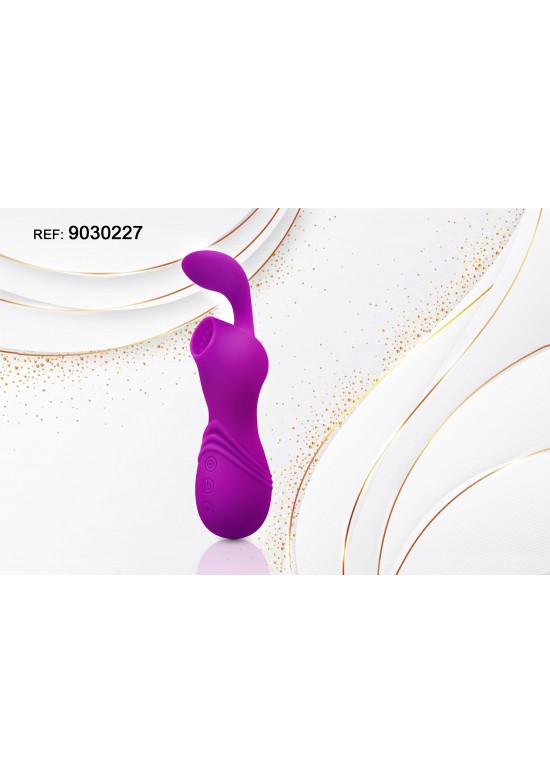 Estimulador dual de silicona color violeta con doble cabezal y textura ondulada