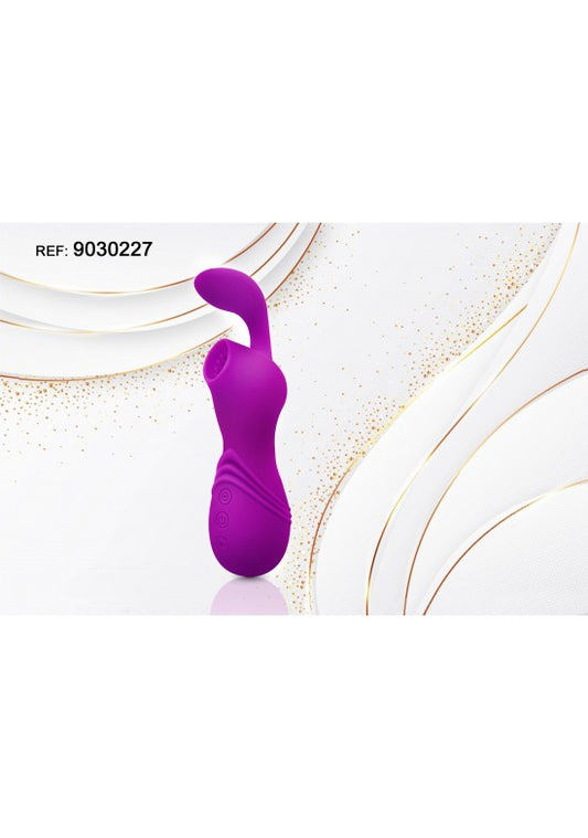 Estimulador dual de silicona color violeta con doble cabezal y textura ondulada