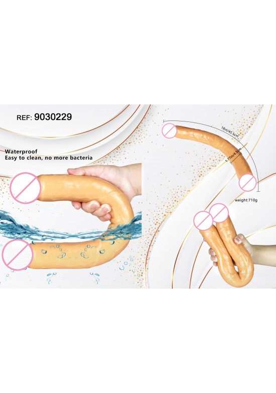 Dildo doble flexible color tostado impermeable con medidas indicadas