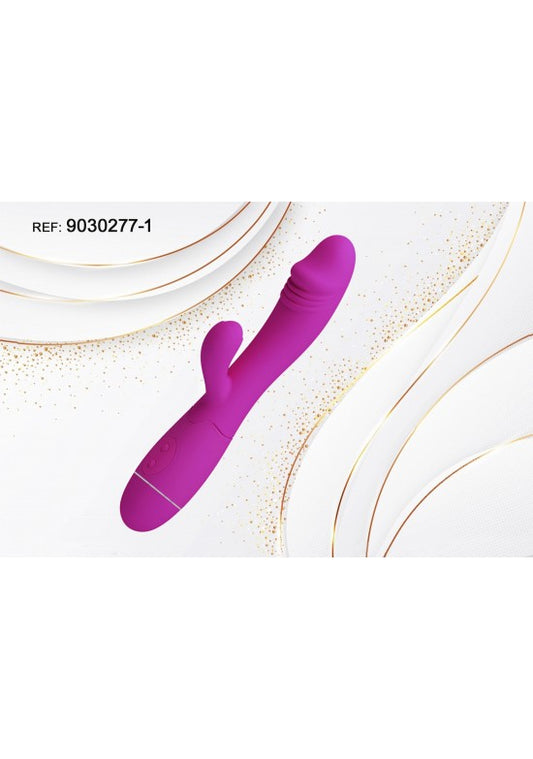 Vibrador rabbit de silicona color morado fucsia con brazo estimulador y cabeza texturizada
