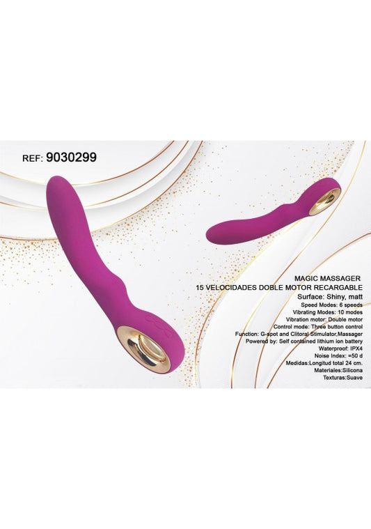 Masajeador flexible de silicona burdeos con doble motor y detalles dorados