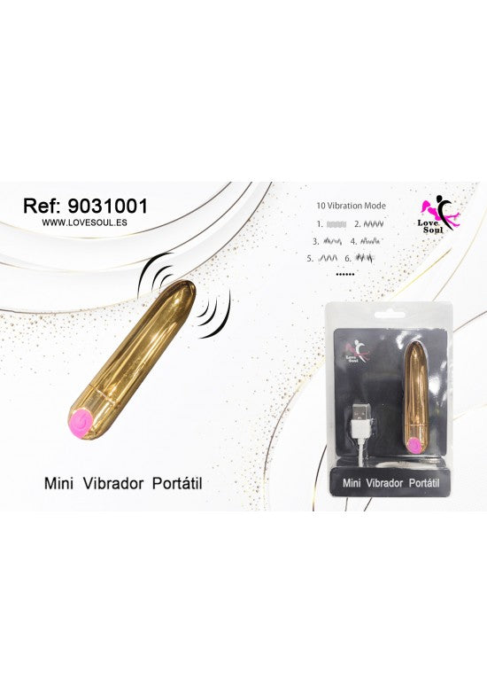 Mini vibrador portátil dorado con 10 modos de vibración y carga USB