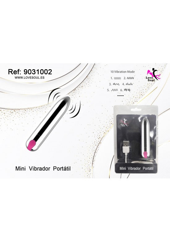 Mini vibrador portátil plateado con detalle rosa y cable USB recargable