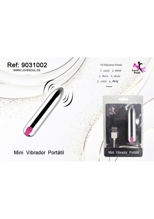 Mini vibrador portátil plateado con detalle rosa y cable USB recargable