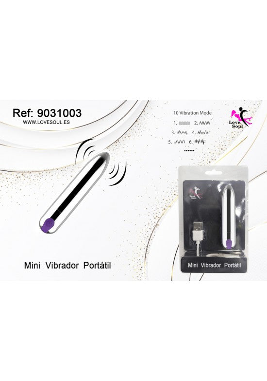 Mini vibrador portátil plateado con detalle morado y cable USB recargable