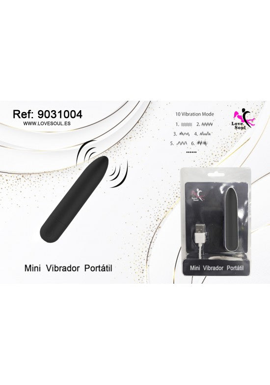 Mini vibrador portátil color negro con cable USB y 10 modos de vibración