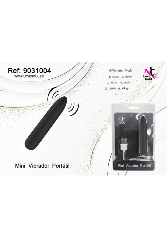 Mini vibrador portátil color negro con cable USB y 10 modos de vibración