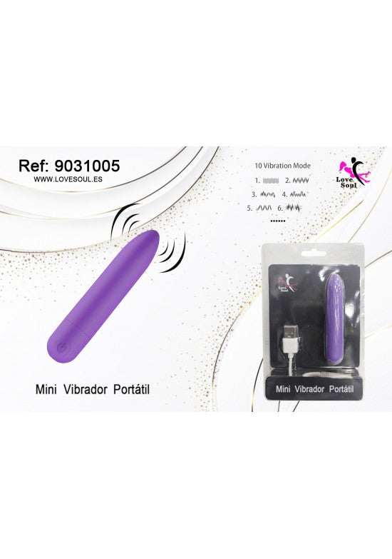 Mini vibrador portátil color morado con cable USB y 10 modos de vibración