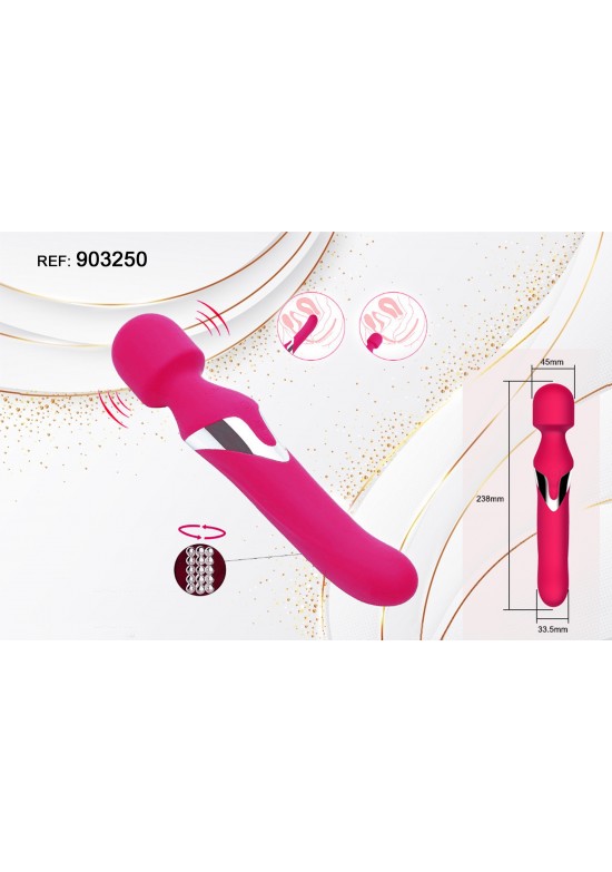 Masajeador wand fucsia de doble cabezal con función rotatoria en silicona