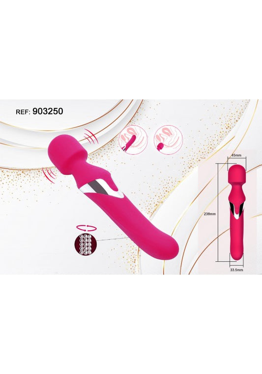 Masajeador wand fucsia de doble cabezal con función rotatoria en silicona