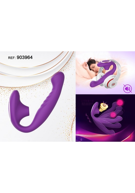 Masajeador doble de silicona lila con cabezal de succión y brazo vibrador