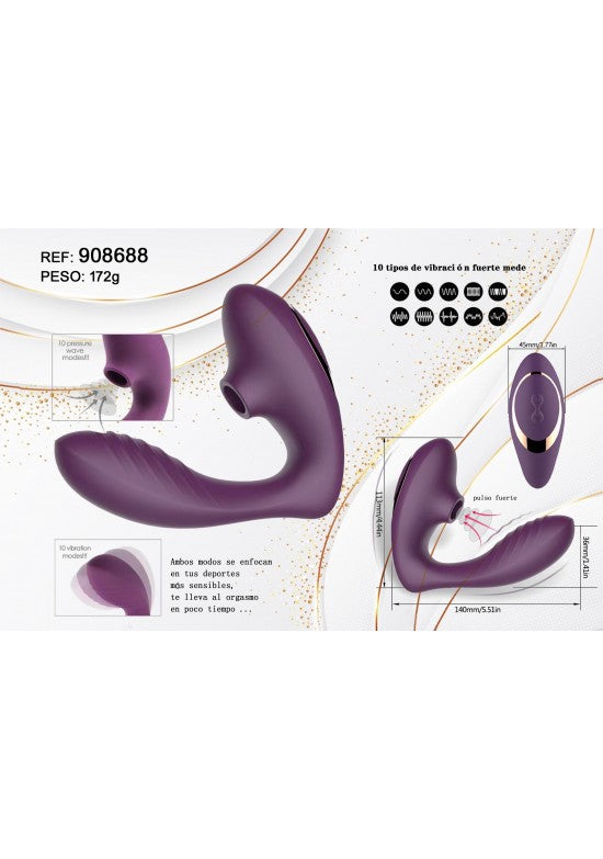 Estimulador íntimo femenino doble función color lila con mando y diagrama de medidas