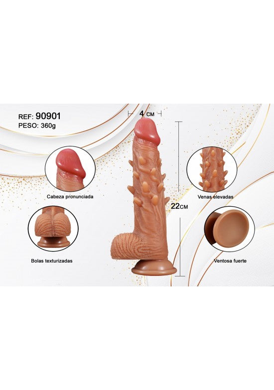 Dildo realista de silicona tono piel 22 cm con textura de venas y ventosa
