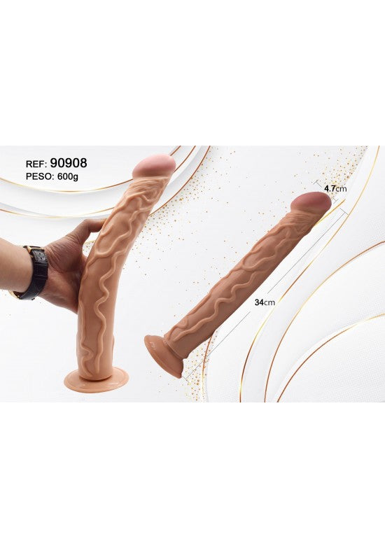 Dildo realista de silicona tono piel 34 cm con ventosa y textura ondulada