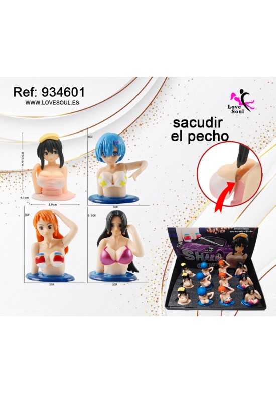Set de 4 figuras mini decorativas anime estilo chibi con base azul para coche o escritorio