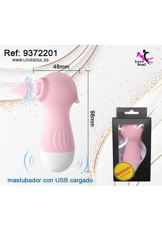 Estimulador personal rosa con función succión y base blanca, con caja de presentación