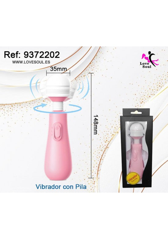 Masajeador varita rosa con cabezal rotatorio blanco y caja de presentación