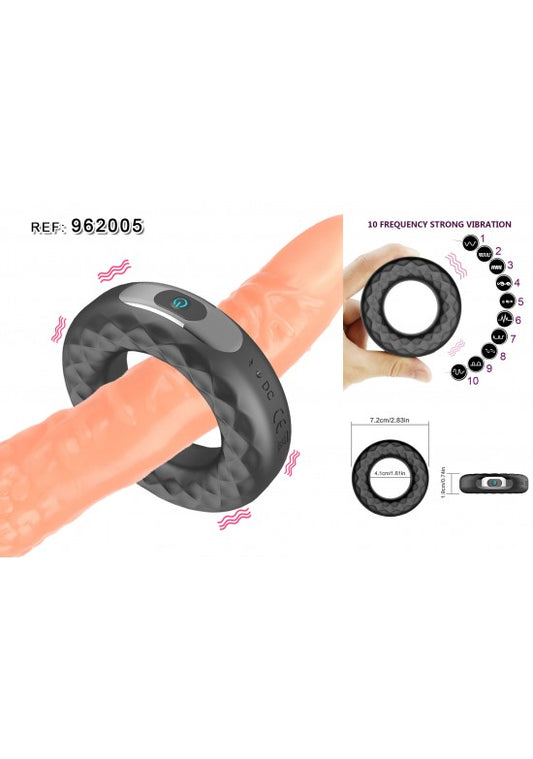 Anillo vibrador de silicona negra texturizada con botón de control USB