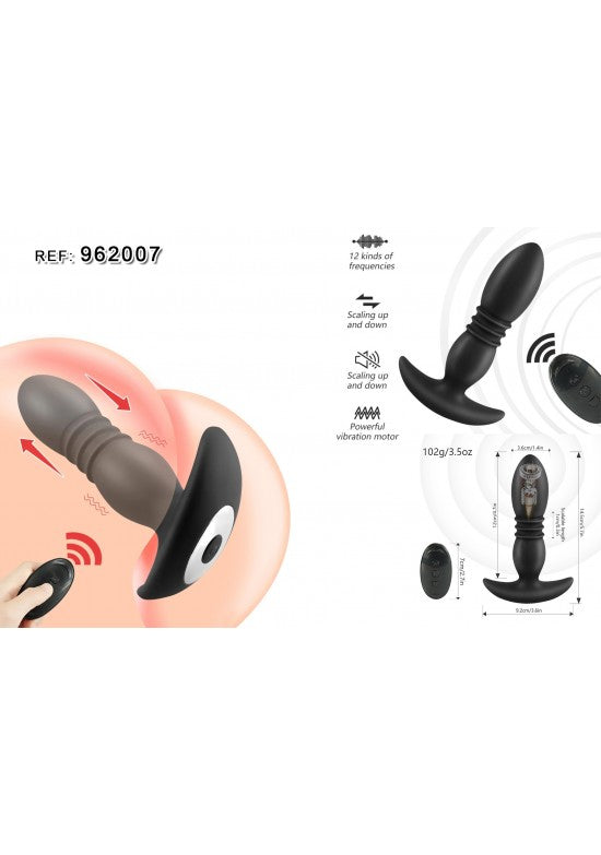 Plug anal vibrador negro telescópico con mando a distancia inalámbrico
