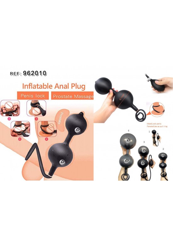 Plug anal hinchable negro con bomba manual y anillo de sujeción