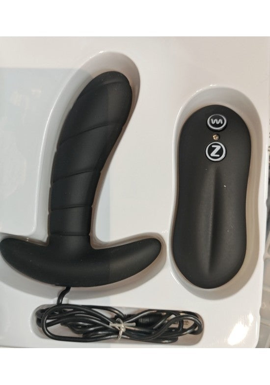 Estimulador prostático de silicona negra con mando a distancia y cable de carga USB