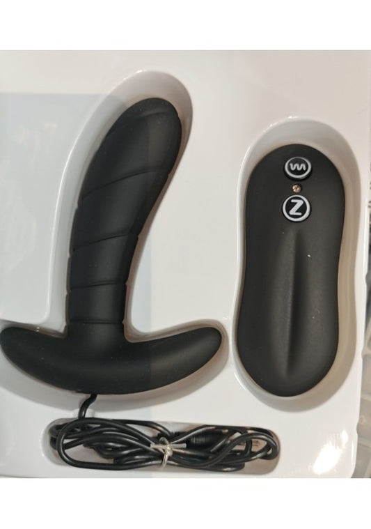 Estimulador prostático de silicona negra con mando a distancia y cable de carga USB