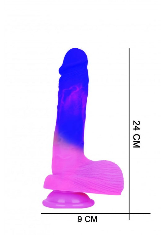 Dildo realista de silicona en degradado azul y rosa con ventosa en la base, 24 cm