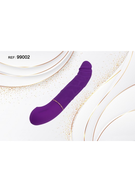 Vibrador curvo de silicona color morado sobre fondo blanco con detalles dorados