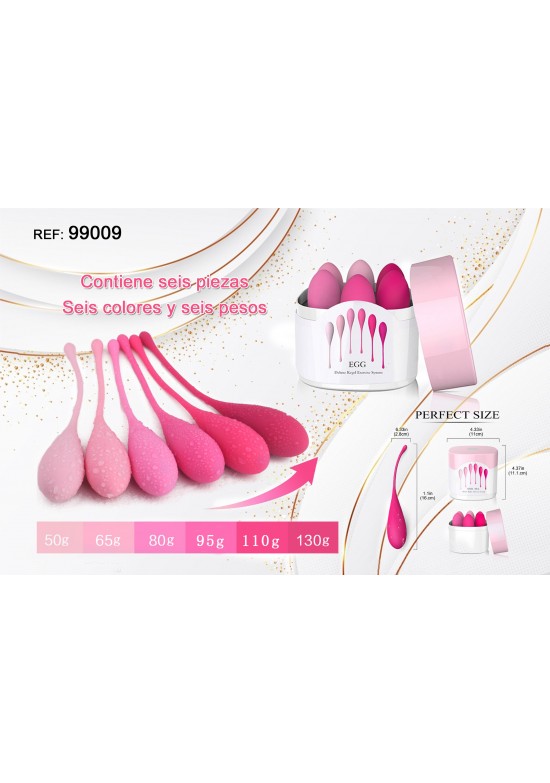 Set de seis bolas kegel de silicona rosa con pesos progresivos de 50 a 130 gramos y estuche