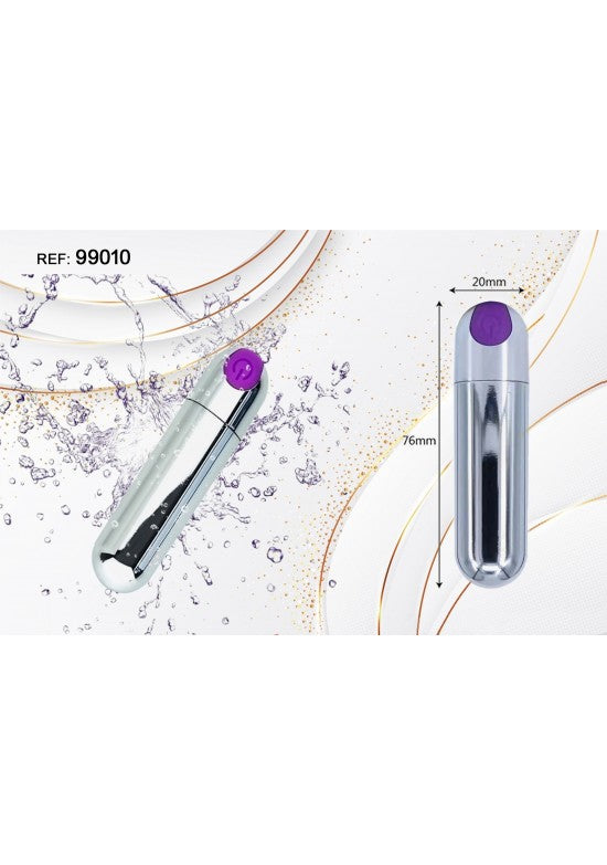 Minivibrador bala metálico plateado con cabezal de silicona lila, medidas 76x20mm