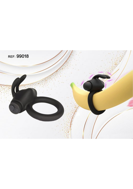 Anillo vibrador de silicona negra con orejas estimuladoras, ref. 99018