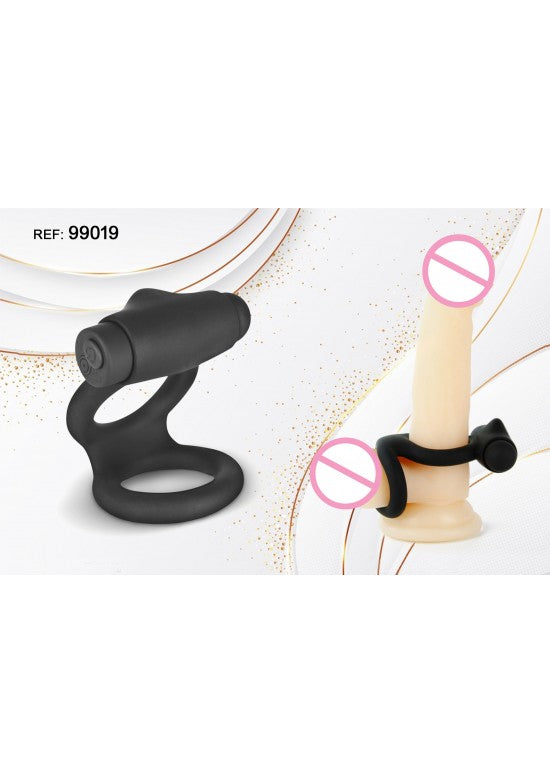 Anillo vibrador doble de silicona negra con motor, ref. 99019