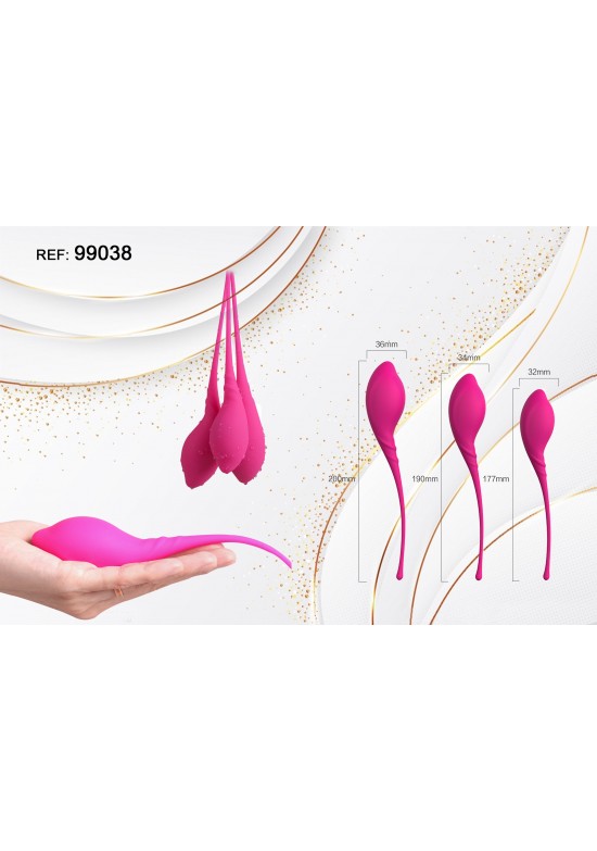 Set de tres bolas kegel de silicona color fucsia con cordón extractor en tres tamaños diferentes