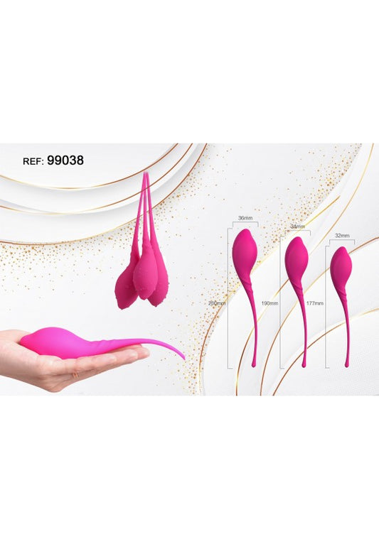 Set de tres bolas kegel de silicona color fucsia con cordón extractor en tres tamaños diferentes