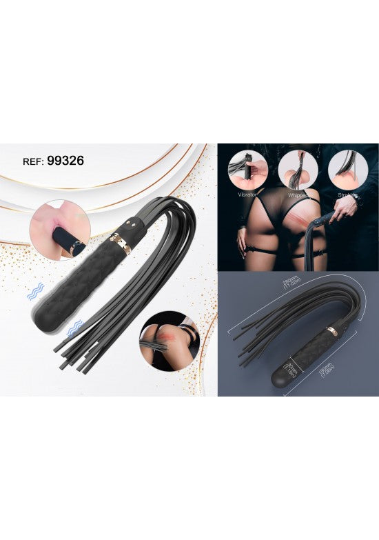 Flogger negro con mango vibratorio y tiras de cuero sintético