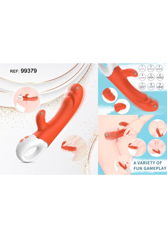 Vibrador rabbit bicolor naranja y blanco con anilla en la base y brazo estimulador articulado