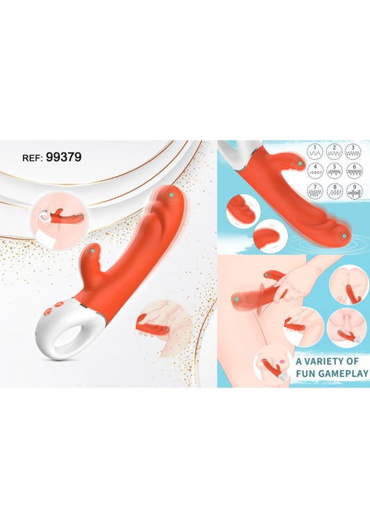 Vibrador rabbit bicolor naranja y blanco con anilla en la base y brazo estimulador articulado